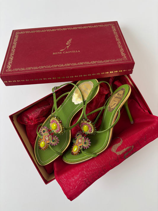 Rene Caovilla 2000s green jewelry sandal heels UNWORN (EU 37 / US 6.5)