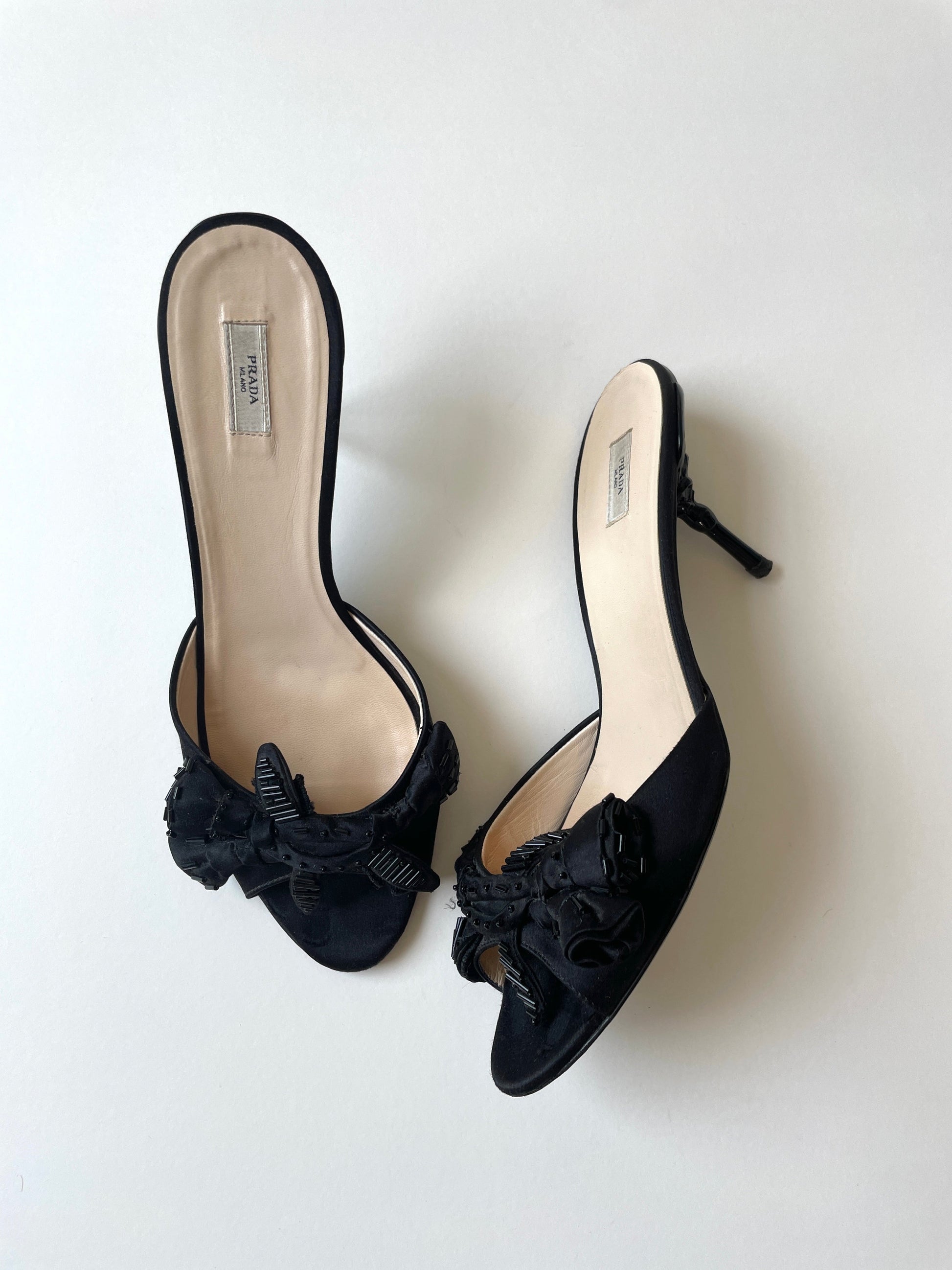 Prada black beaded pearls & silk sandal heels 