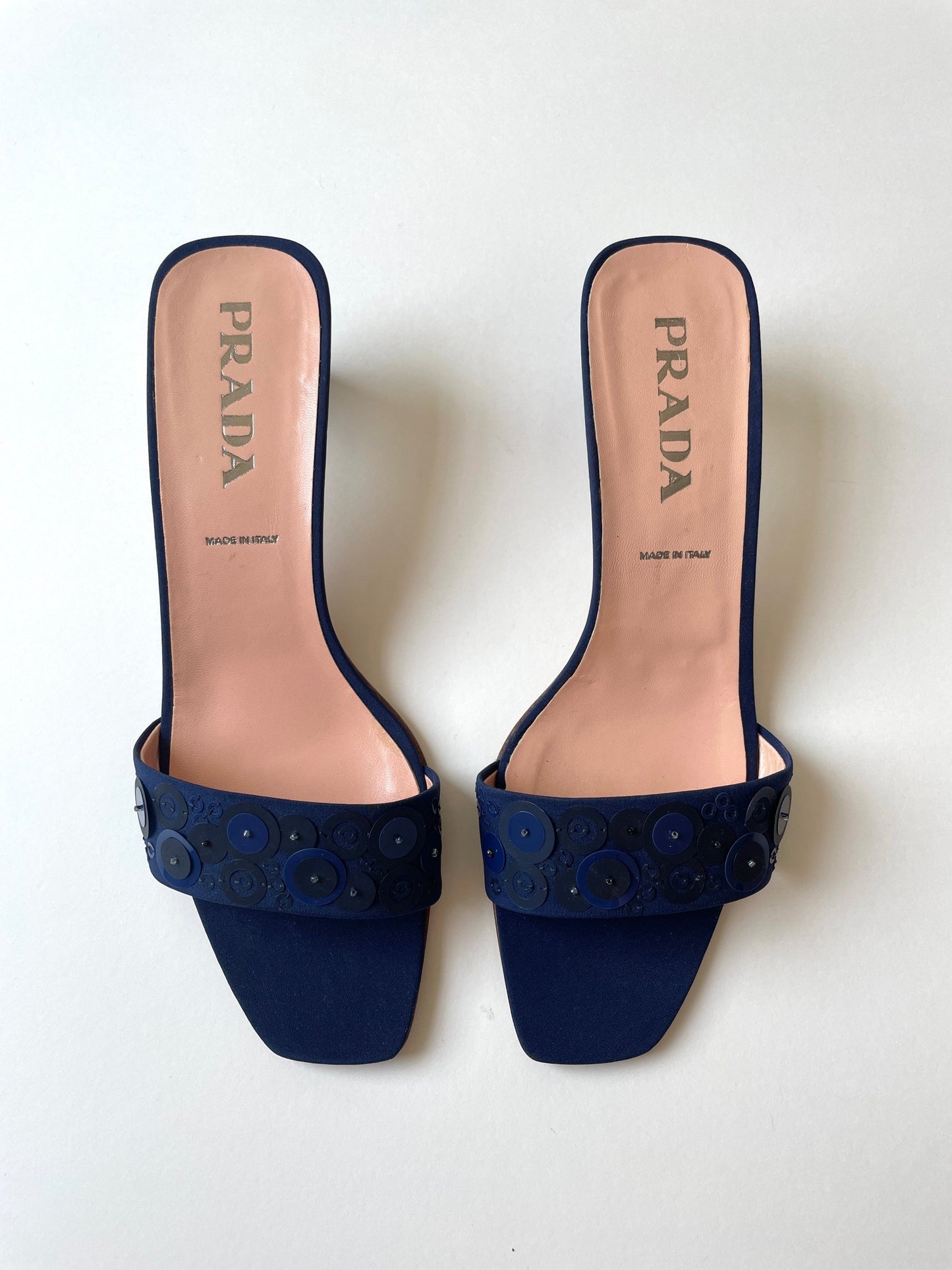 Vintage Prada 2000s dark blue silk &amp; sequin kitten heels