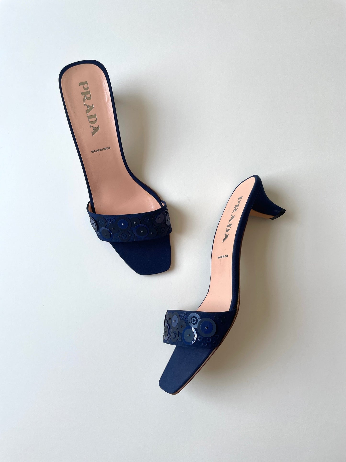 Vintage Prada 2000s dark blue silk &amp; sequin kitten heels