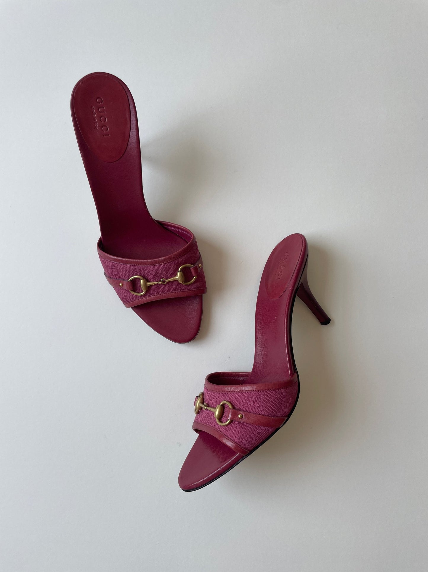 Vintage Gucci 2000s raspberry horsebit monogram heel sandals