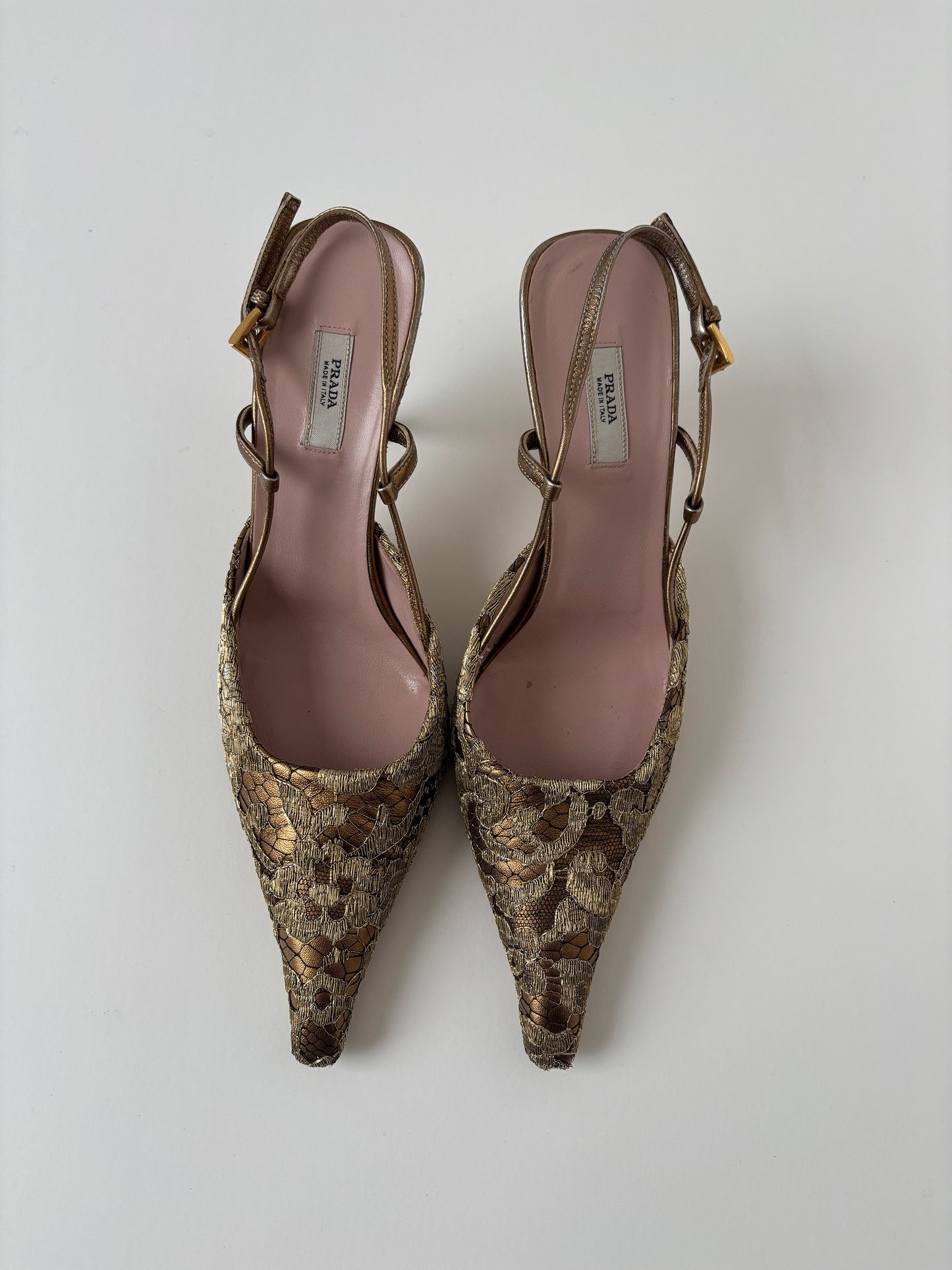 Prada 2000s golden lace kitten heel slingbacks (EU 36 / US 5.5)