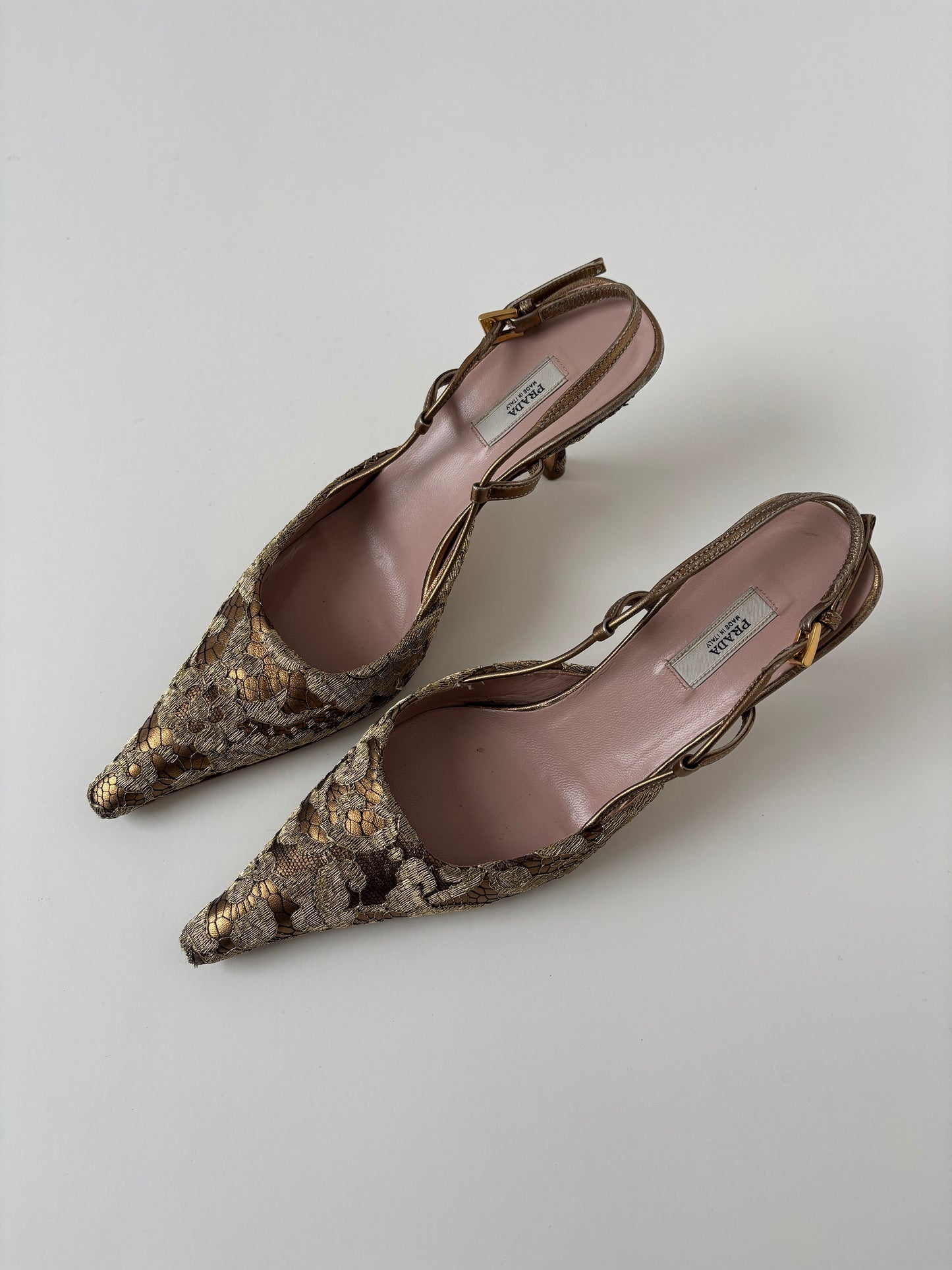 Prada 2000s golden lace kitten heel slingbacks (EU 36 / US 5.5)