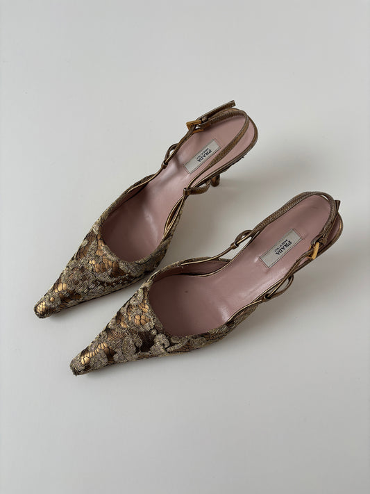 Prada 2000s golden lace kitten heel slingbacks (EU 36 / US 5.5)