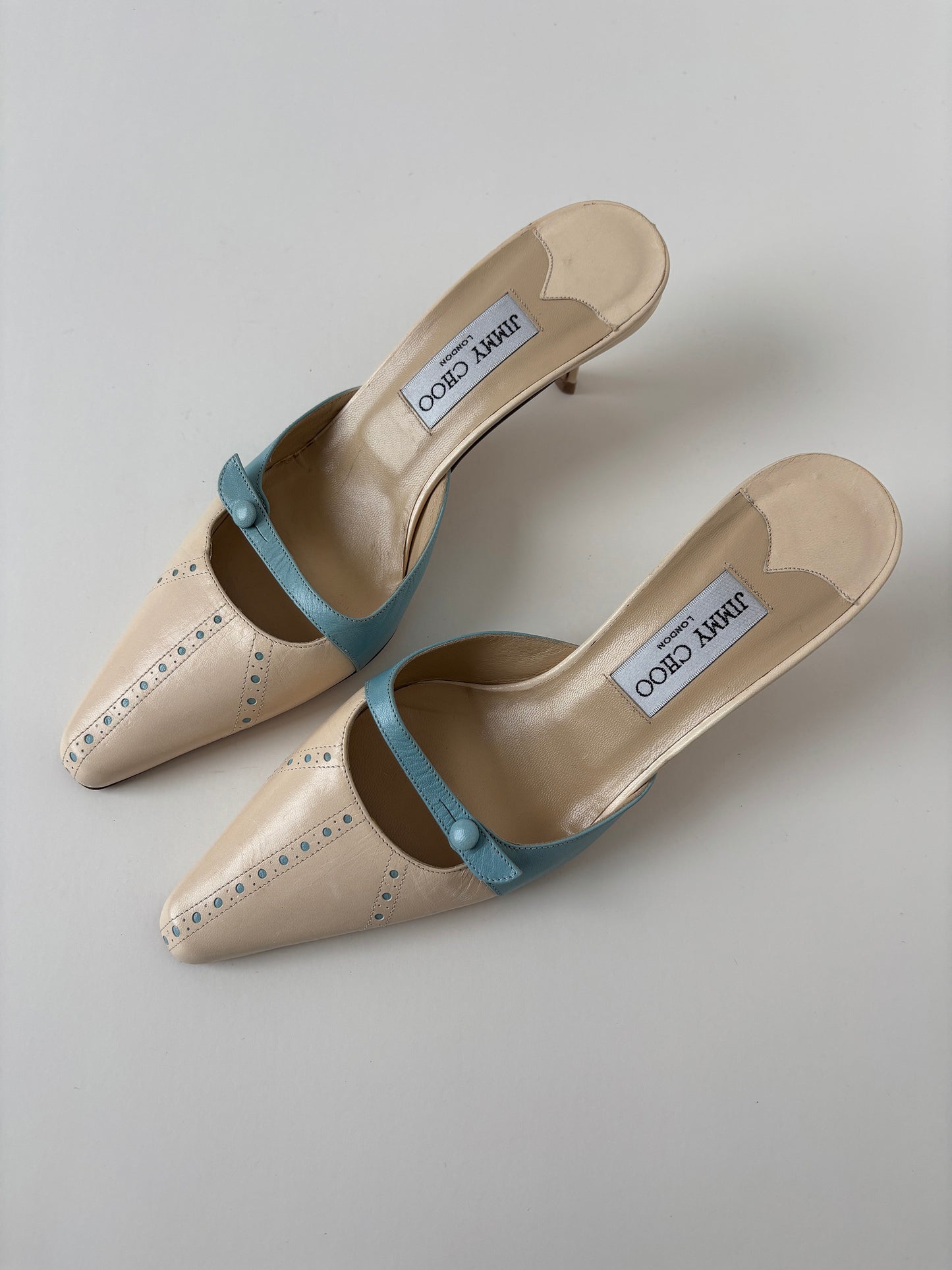 Jimmy Choo 2000s ivory baby blue mules UNWORN (EU 39 / US 8.5)