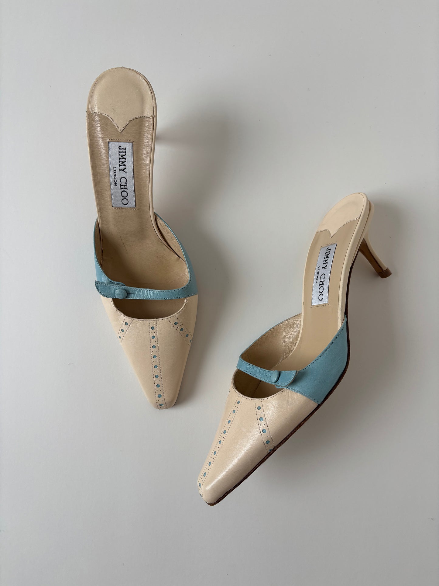 Jimmy Choo 2000s ivory baby blue mules UNWORN (EU 39 / US 8.5)