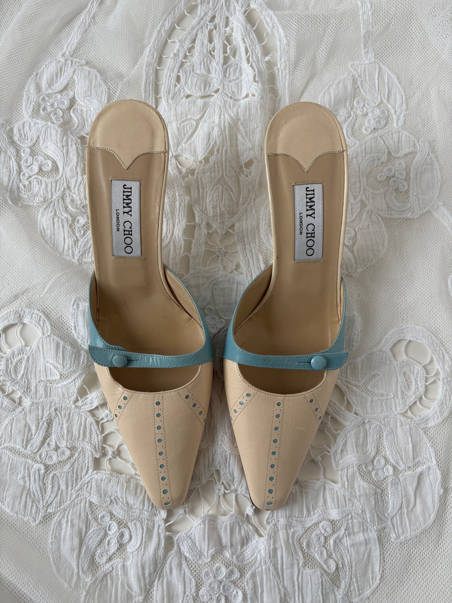 Jimmy Choo 2000s ivory baby blue mules UNWORN (EU 39 / US 8.5)