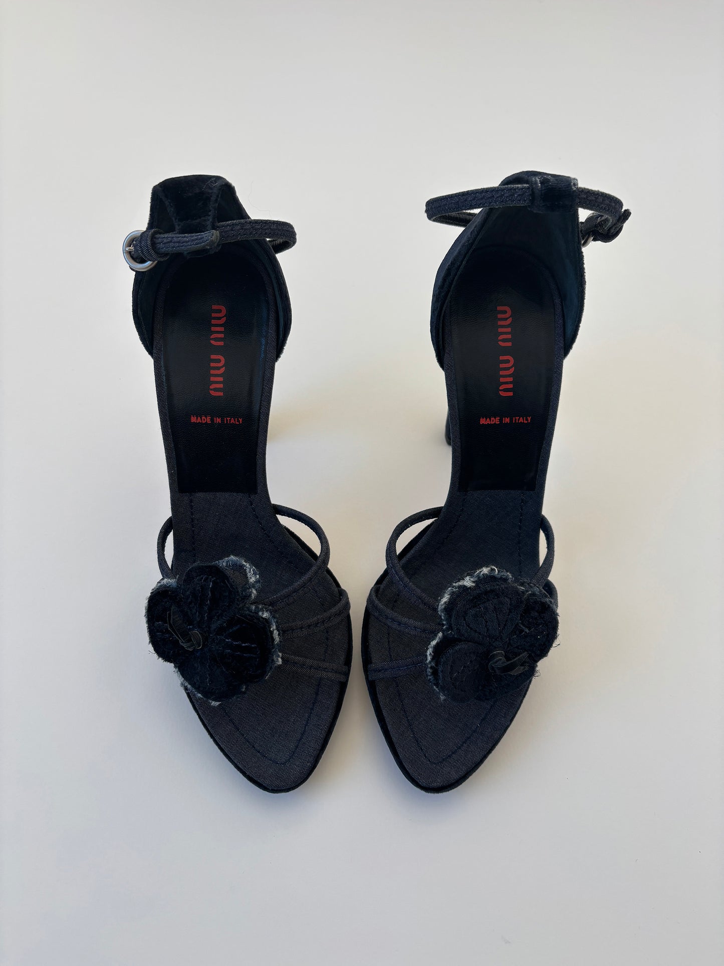 Miu Miu 2000s denim velvet floral platform heels (EU 38 / US 7.5)