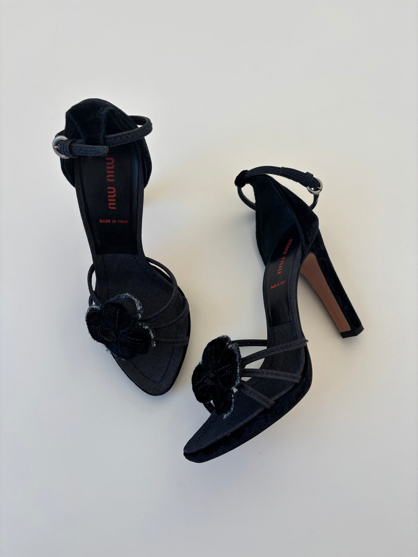 Miu Miu 2000s denim velvet floral platform heels (EU 38 / US 7.5)