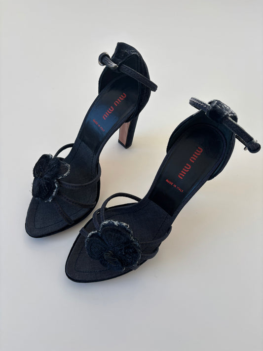 Miu Miu 2000s denim velvet floral platform heels (EU 38 / US 7.5)