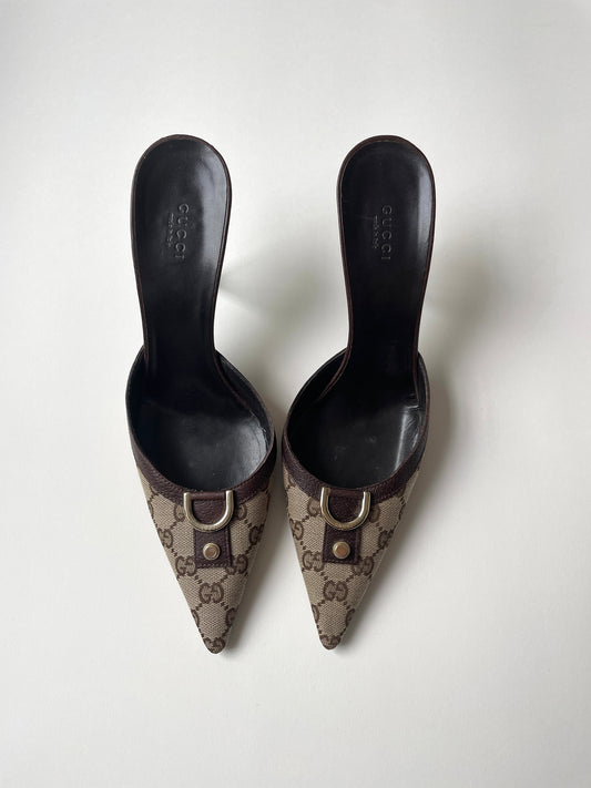 Vintage Gucci by Tom Ford brown D-ring monogram mules