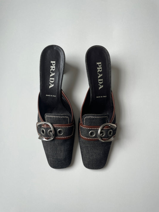 Vintage Prada 2000s denim silver buckle mules