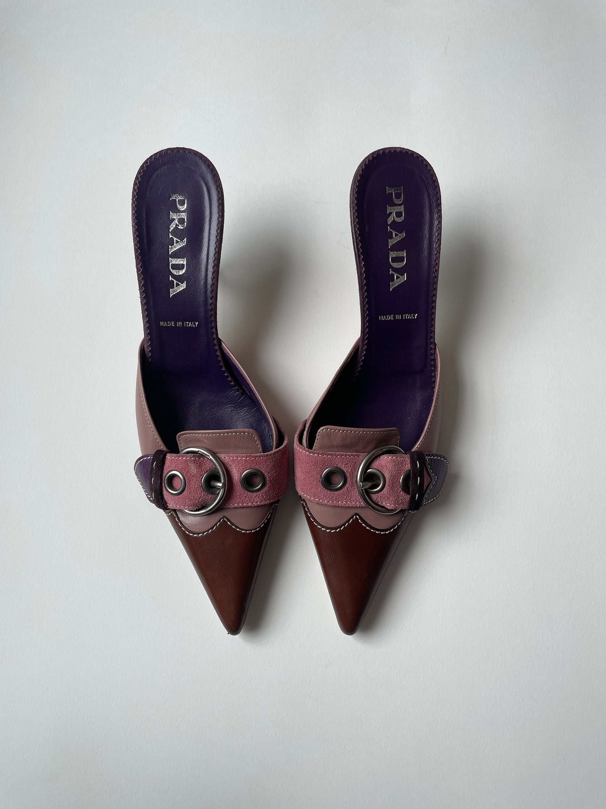 Vintage Prada 2000s berry colors silver buckle kitten heel mules