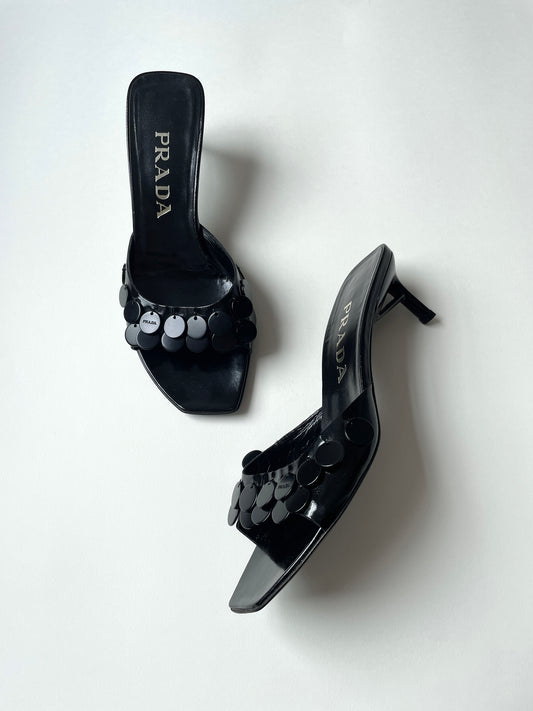 Vintage Prada 1990s black patent leather and metal sequin archive kitten heels