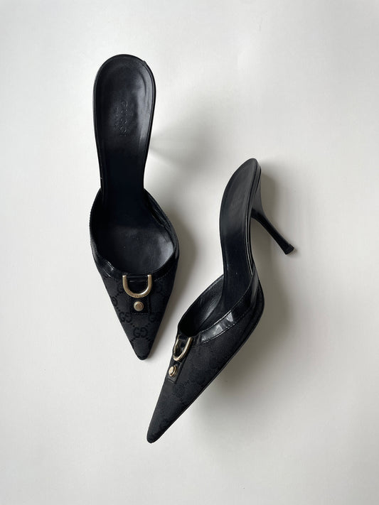 Vintage Gucci by Tom Ford black D-ring monogram mules