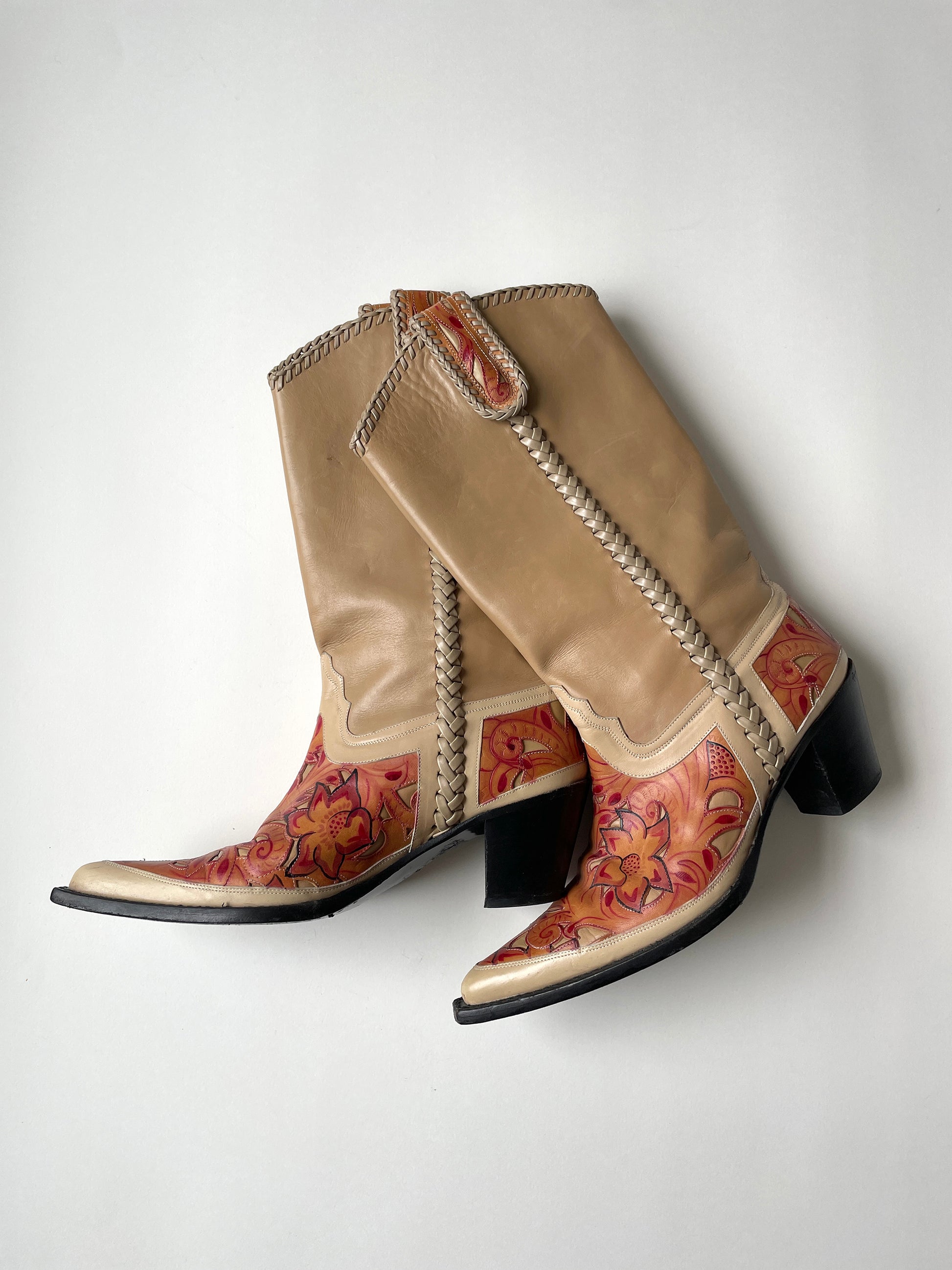 Vintage Blumarine SS 2002 iconic beige hand painted western boots 