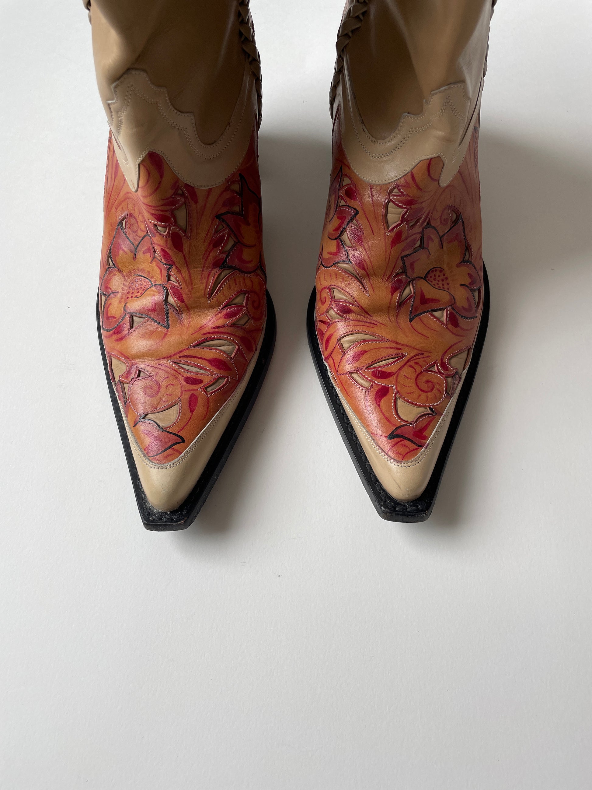 Vintage Blumarine SS 2002 iconic beige hand painted western boots 