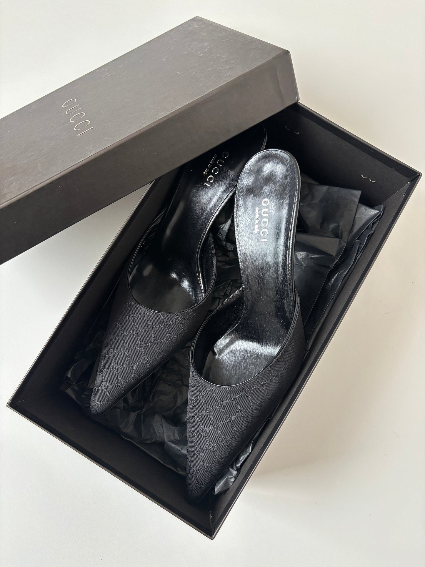 Gucci by Tom Ford 2000s black monogram mules UNWORN (EU 36 / US 5.5)