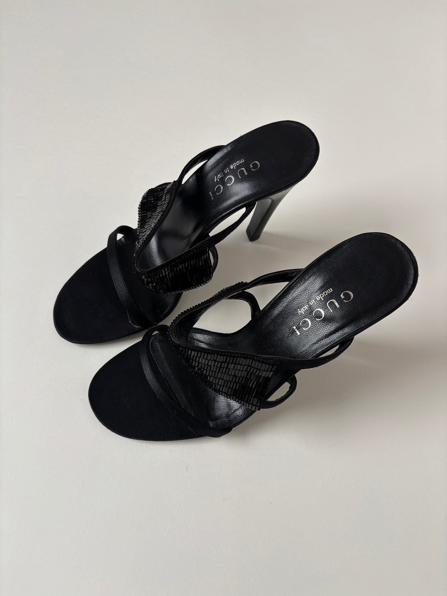 Gucci by Tom Ford 1990s minimalistic black satin beaded sandal heels (EU 36,5 / US 6)