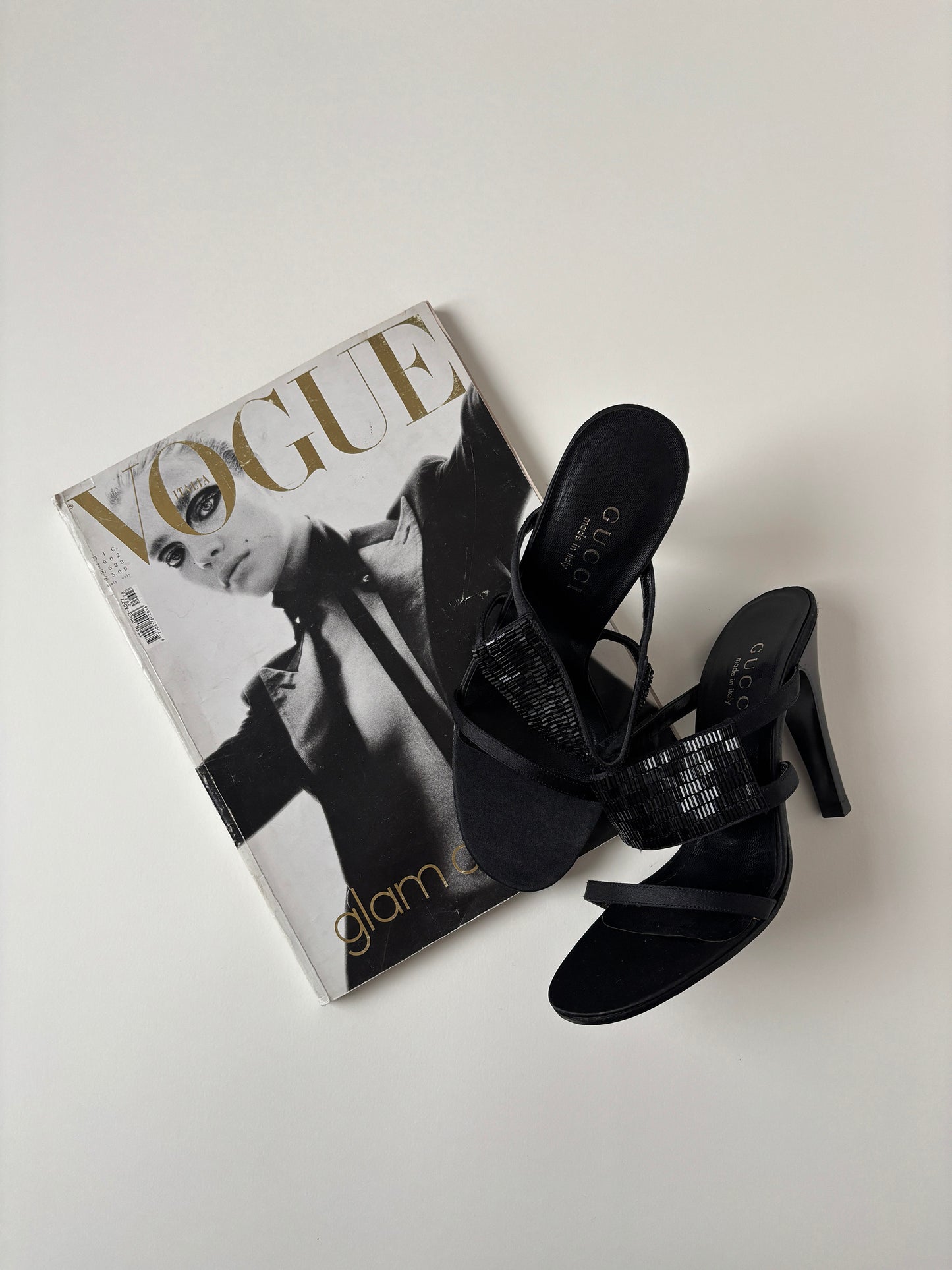 Gucci by Tom Ford 1990s minimalistic black satin beaded sandal heels (EU 36,5 / US 6)