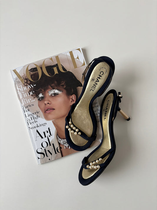 Chanel 2000s by Karl Lagerfeld strappy dark blue golden pearl sandal heels (EU 40 / US 9.5)