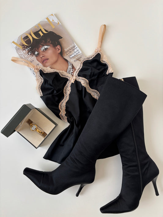 Gucci by Tom Ford F/W 1998s black satin rhinestone G boots (EU 38/ US 7.5)