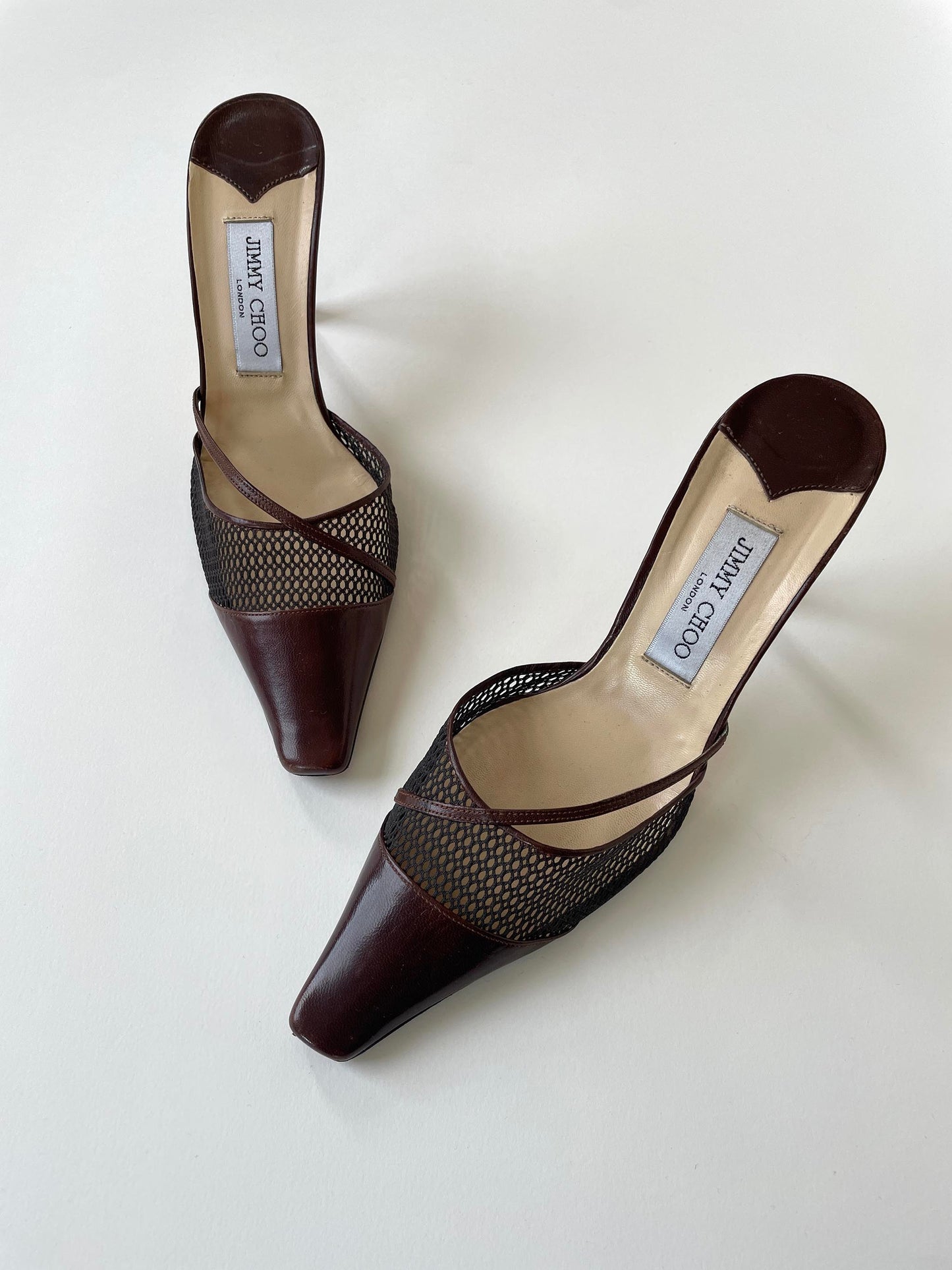 Vintage Jimmy Choo dark brown strappy mules with mesh cutouts