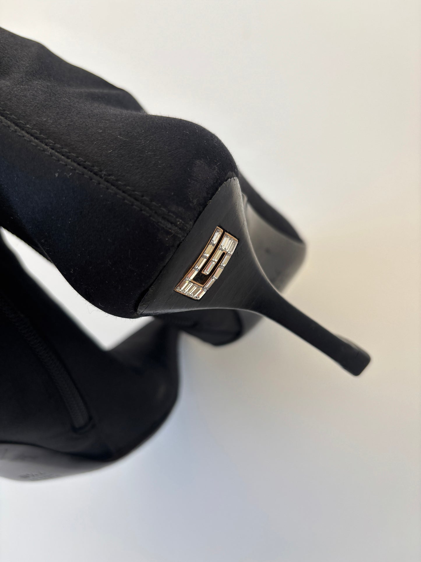 Gucci by Tom Ford F/W 1998s black satin rhinestone G boots (EU 38/ US 7.5)