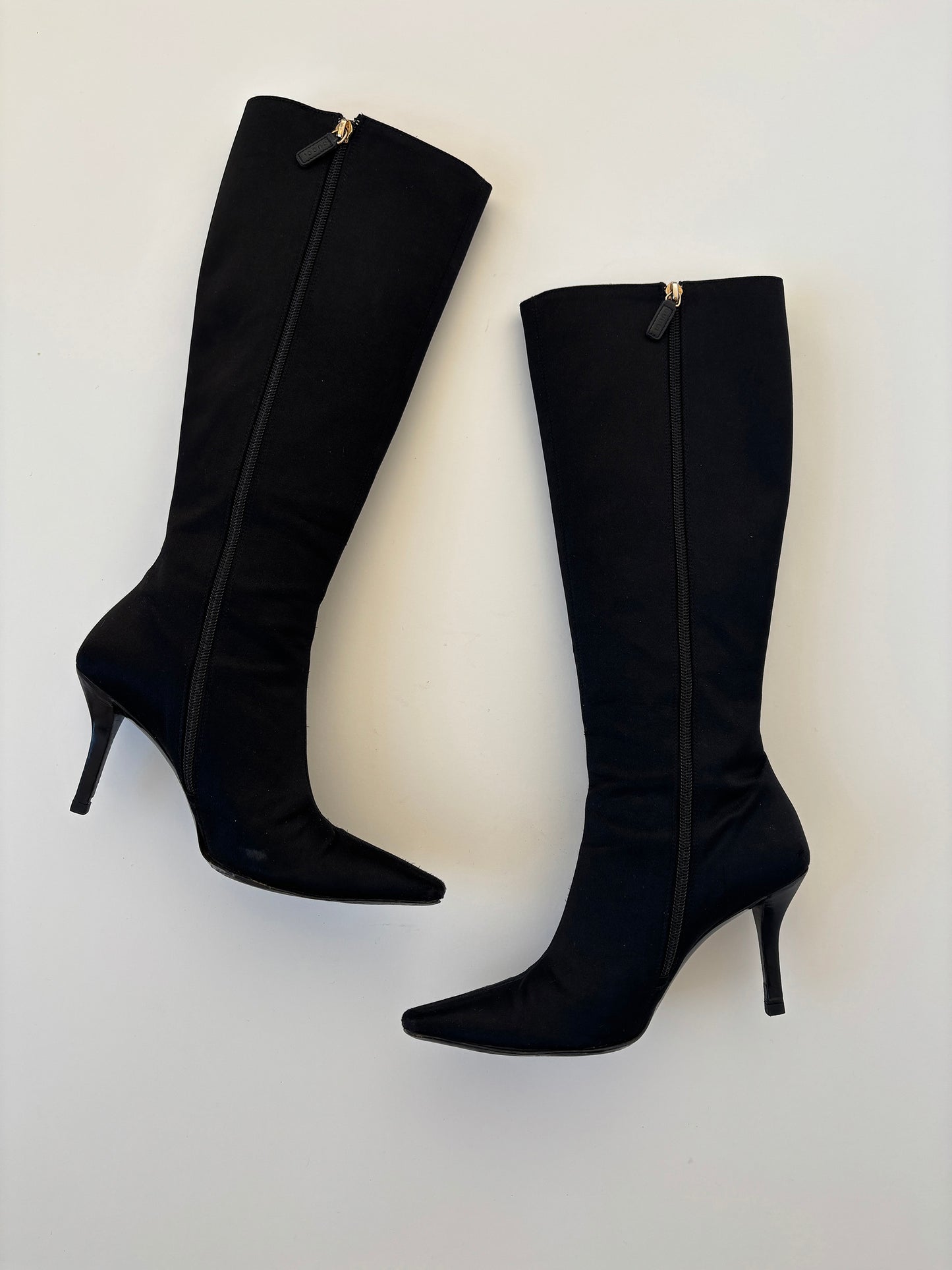 Gucci by Tom Ford F/W 1998s black satin rhinestone G boots (EU 38/ US 7.5)