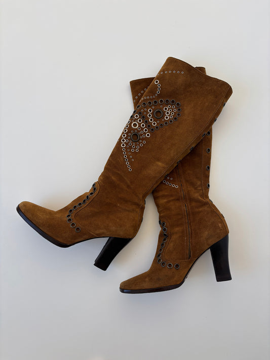 Dolce & Gabbana 2000s iconic tan suede butterfly eyelet boots (EU 38,5 / US 8)