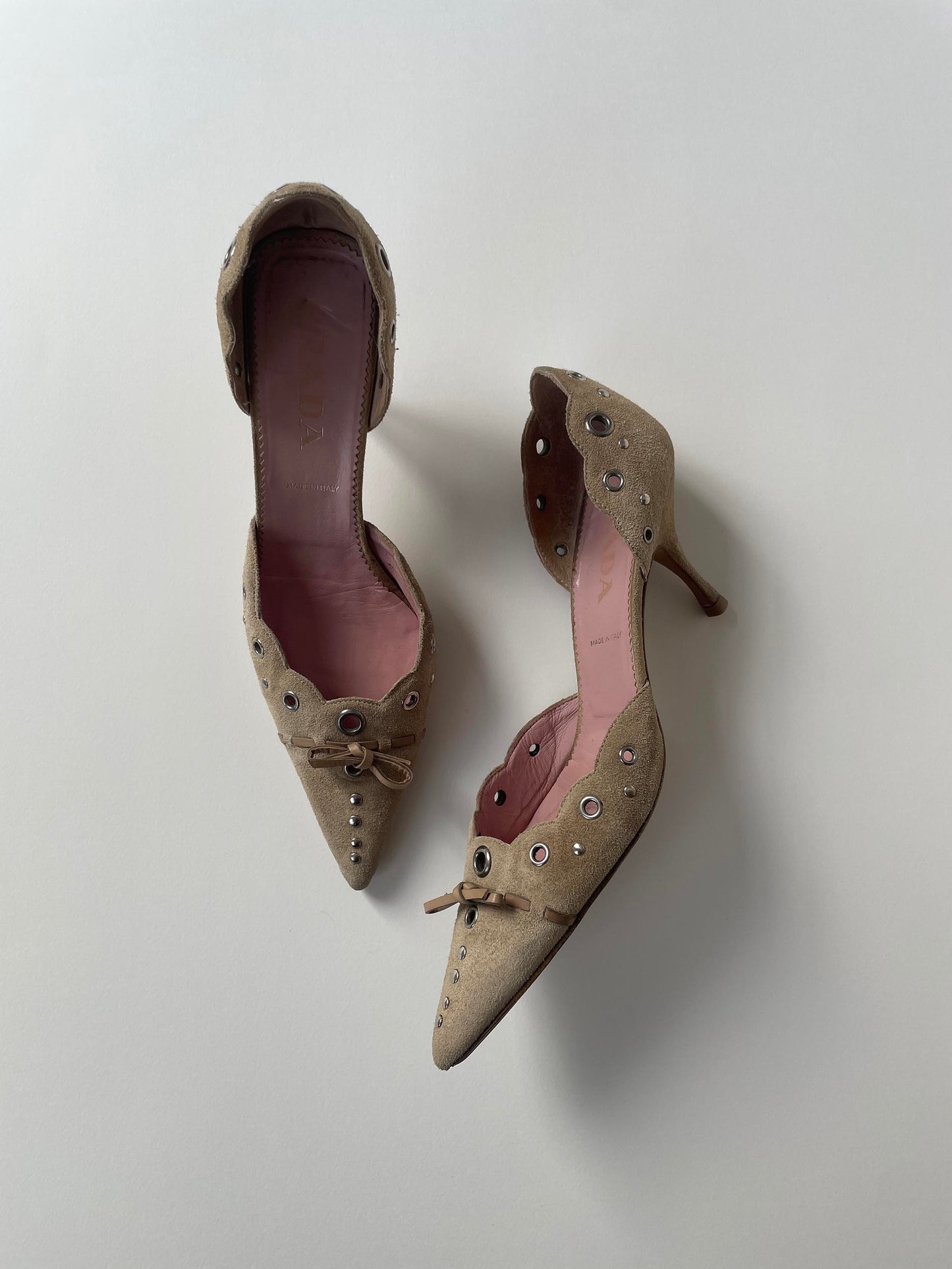 Iconic vintage Prada suede eyelet bow D'Orsay heels