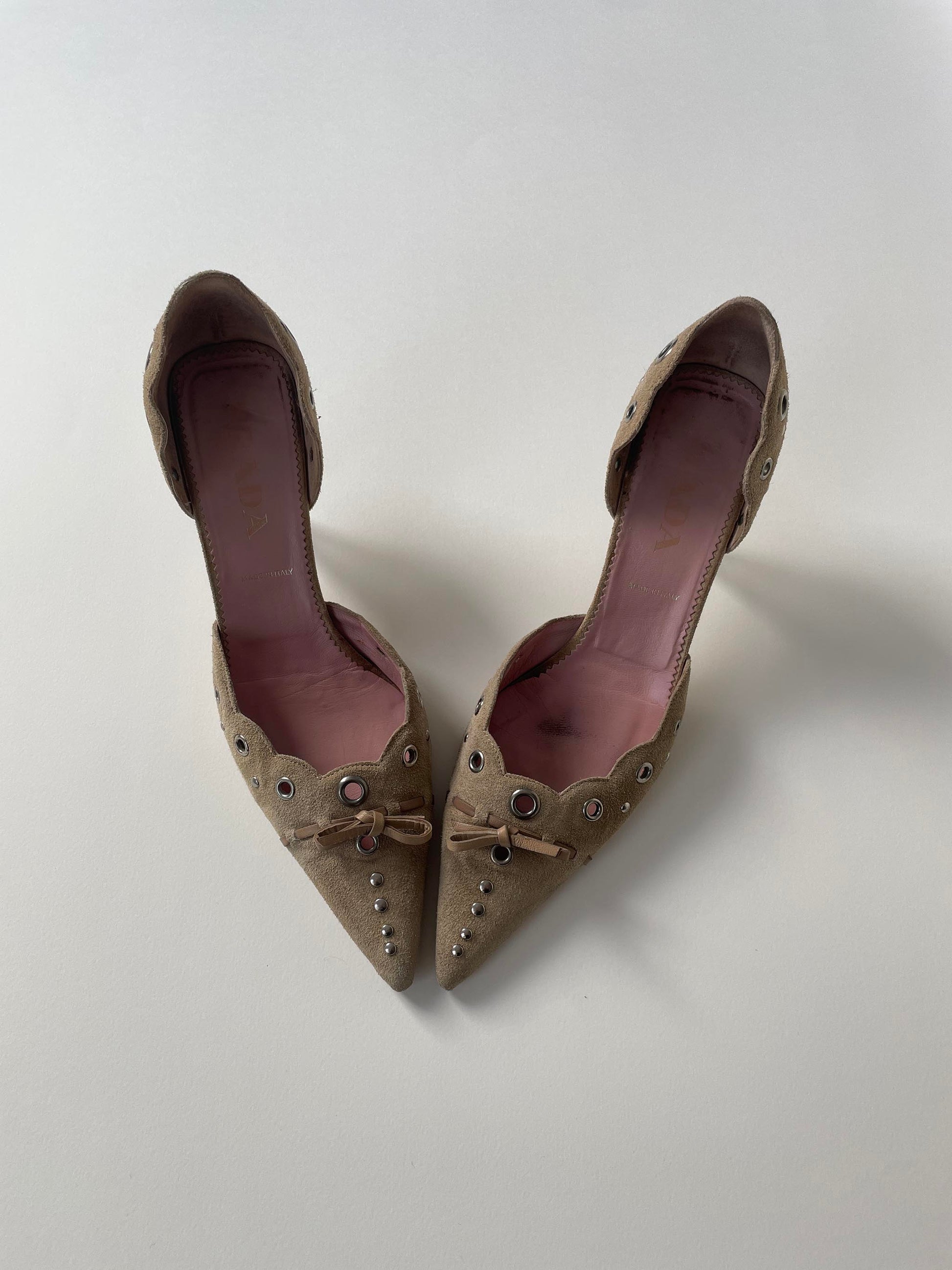 Iconic vintage Prada suede eyelet bow D'Orsay heels