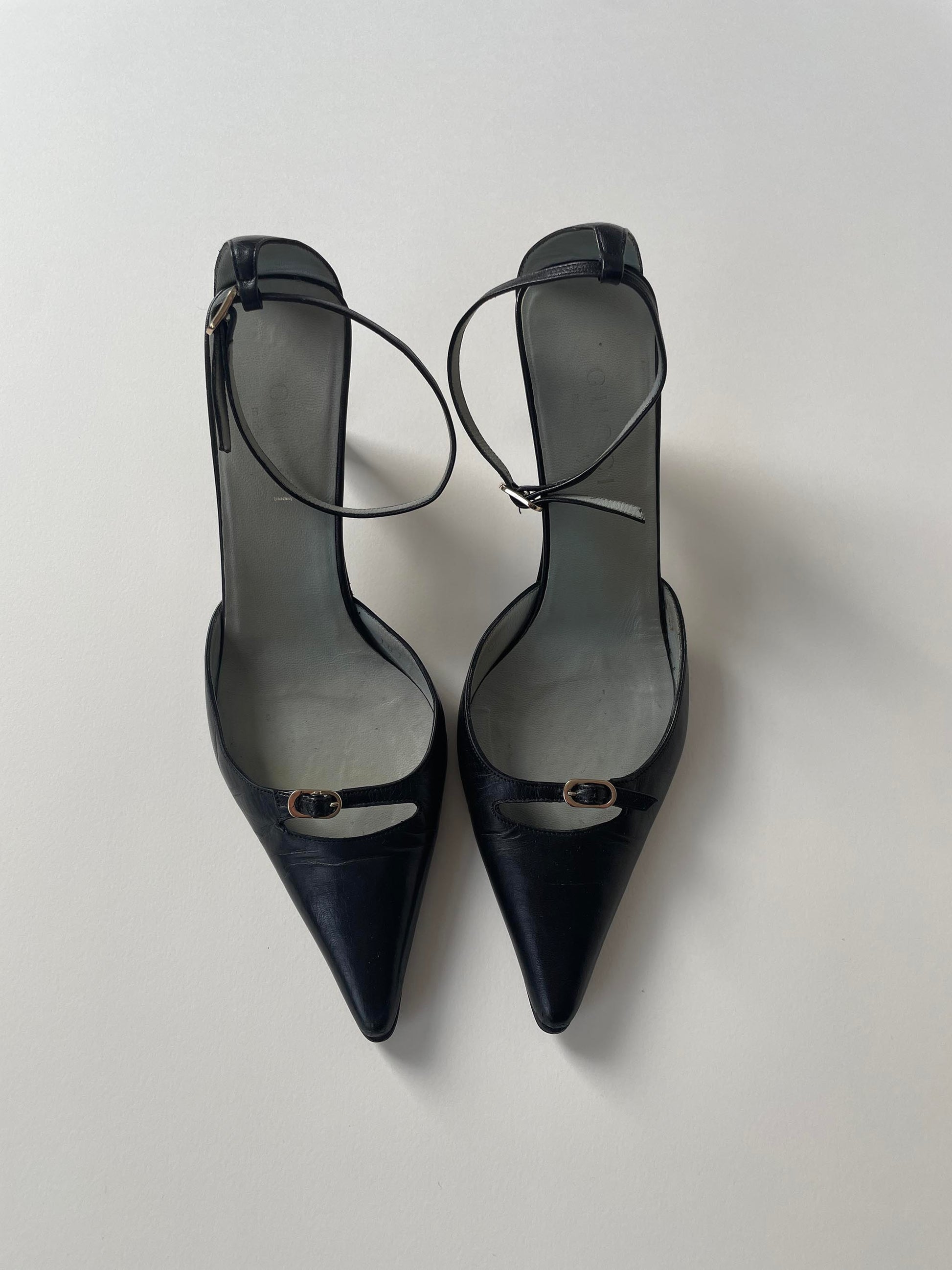 Vintage Gucci by Tom Ford black black tiny buckle strap heels