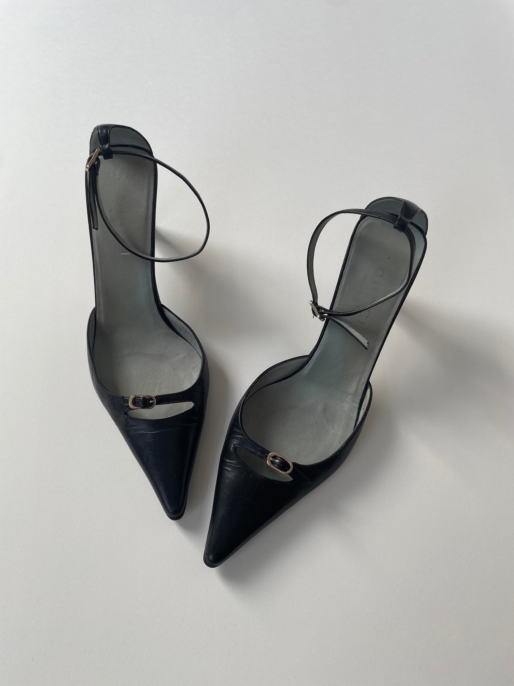 Vintage Gucci by Tom Ford black black tiny buckle strap heels