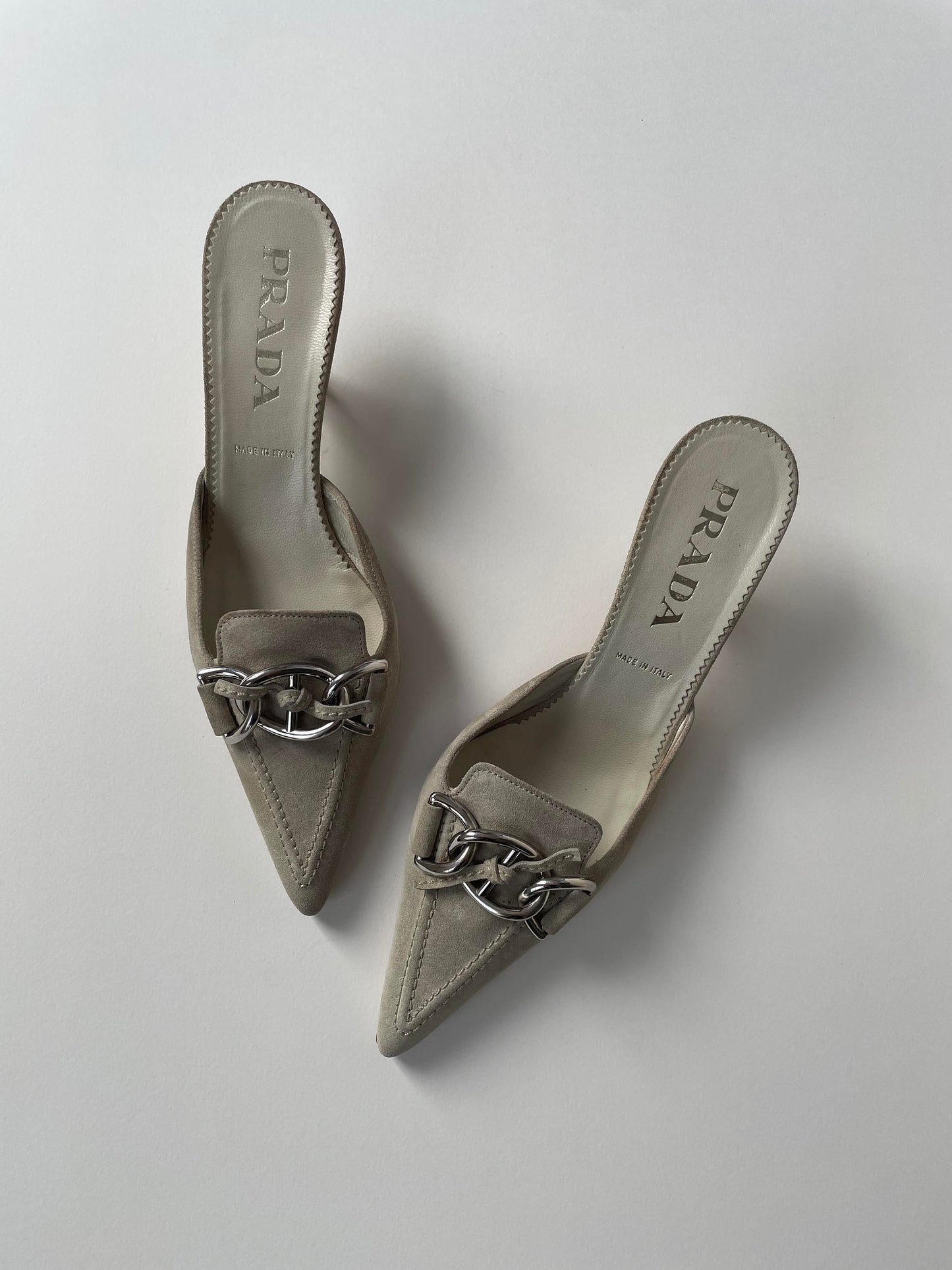 Vintage Prada ivory suede kitten heel mules with chunky silver details