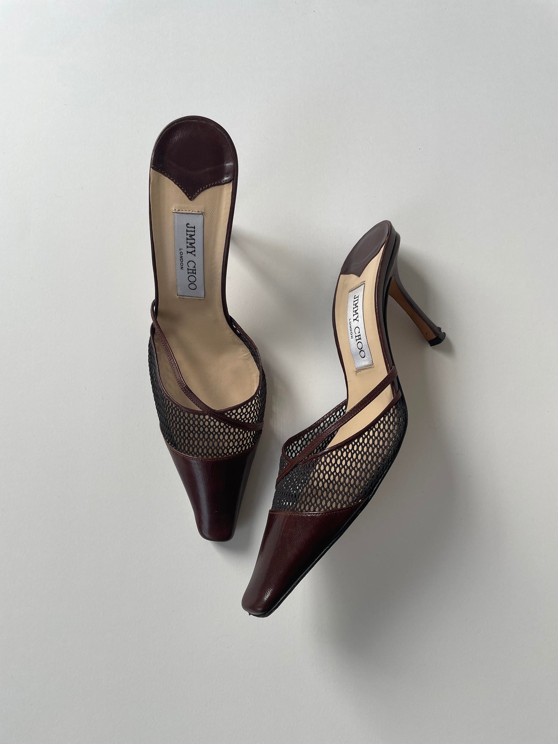 Vintage Jimmy Choo dark brown strappy mules with mesh cutouts