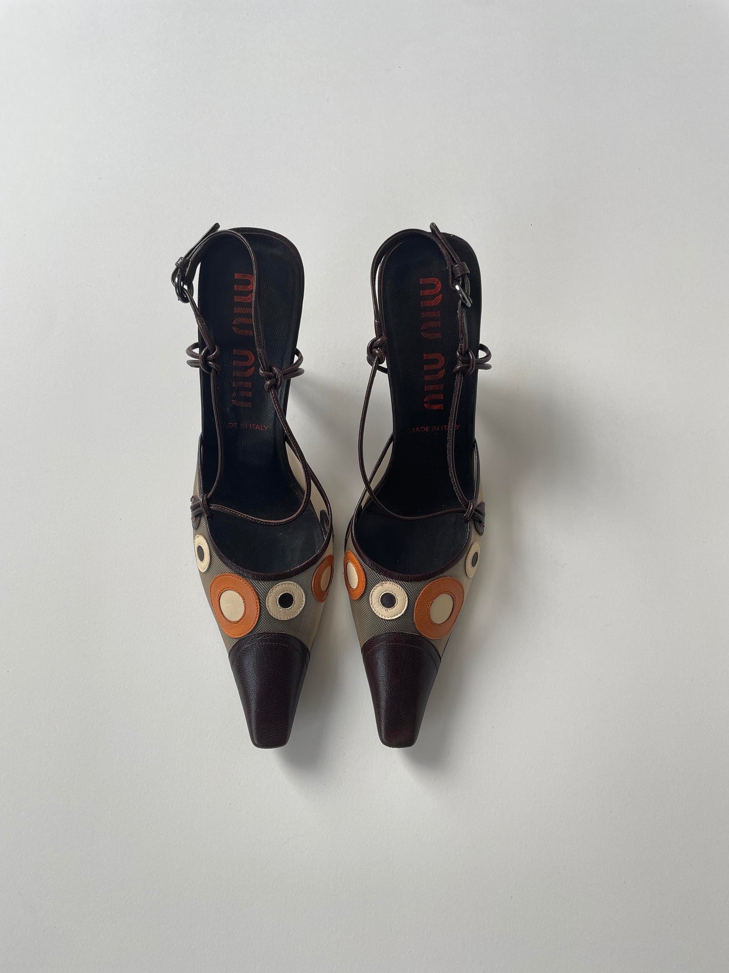 Vintage Miu Miu brown mesh sling pumps with cute 70s circle design