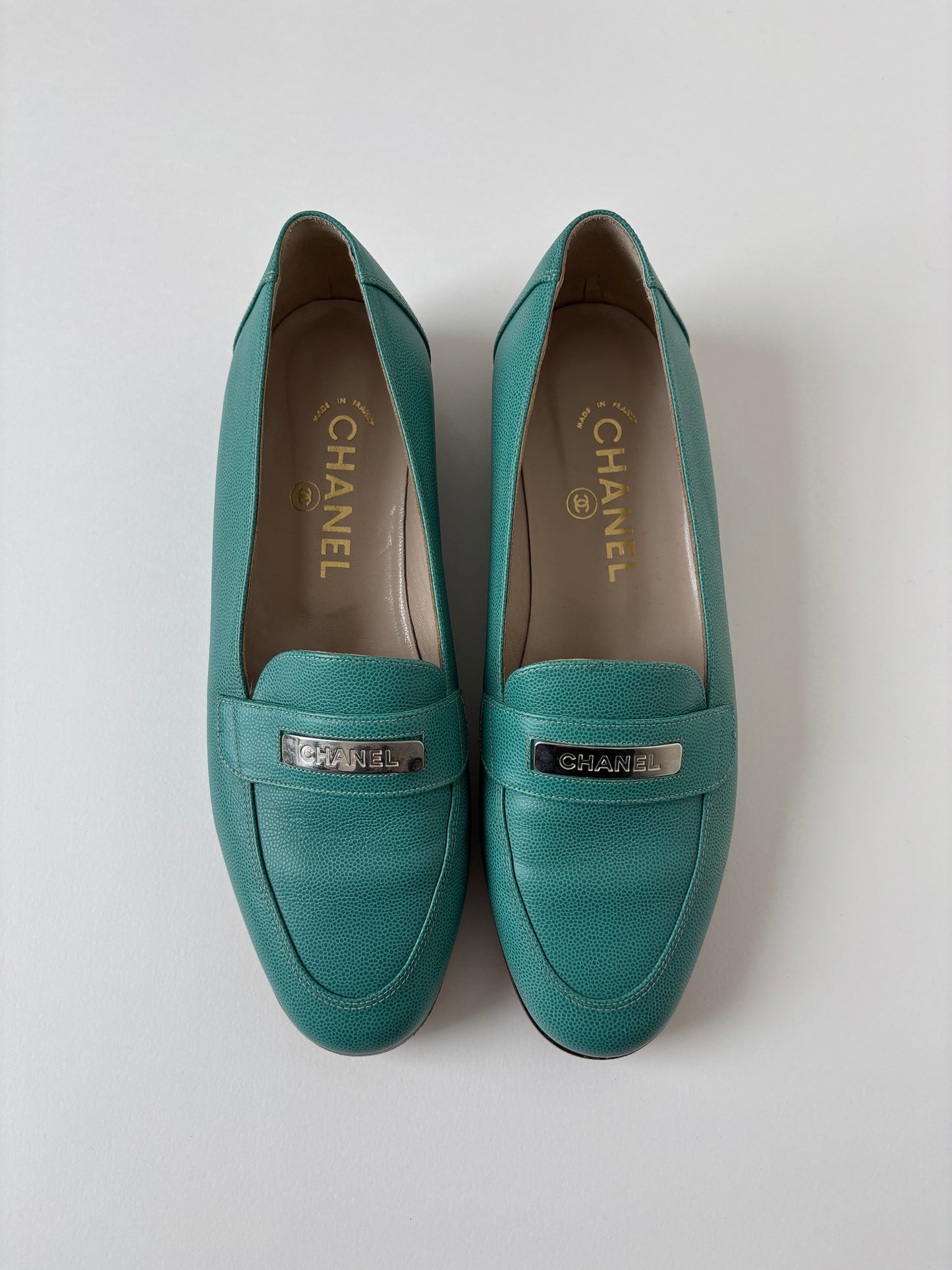 Chanel 1990s by Karl Lagerfeld turquoise logo loafer UNWORN (EU 40 / US 9.5)