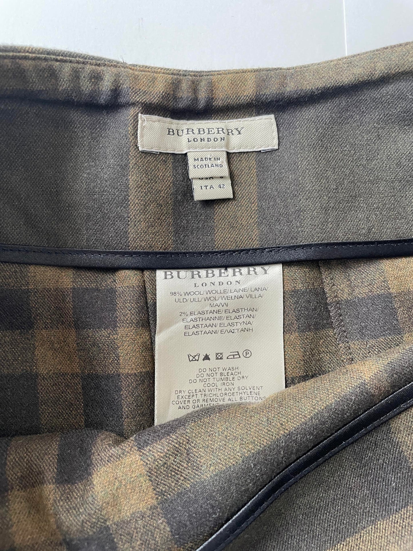 Vintage Burberry Brit olive wool mini skirt with leather straps | Size M