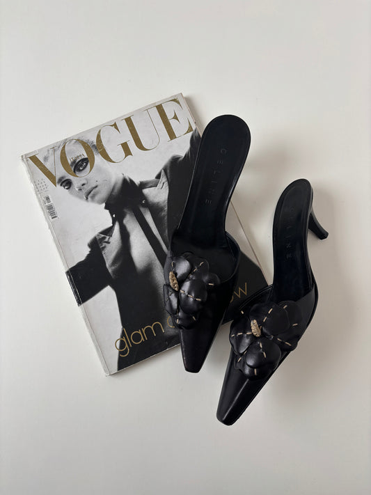 Celine 2000s black floral kitten heel mules  (EU 37,5 / US 7)