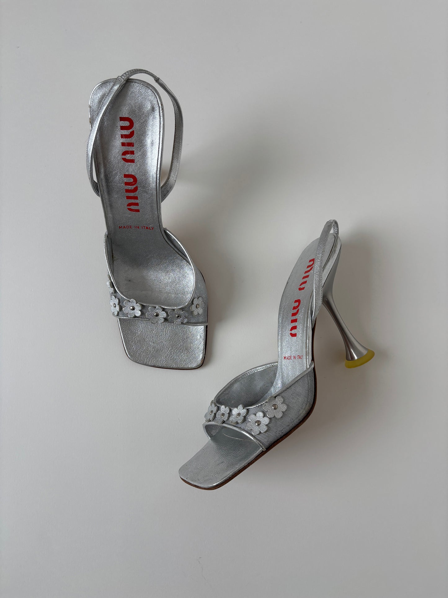 Miu Miu F/W 1999 iconic mesh silver floral sandal heels UNWORN (EU 38,5 / US 8)