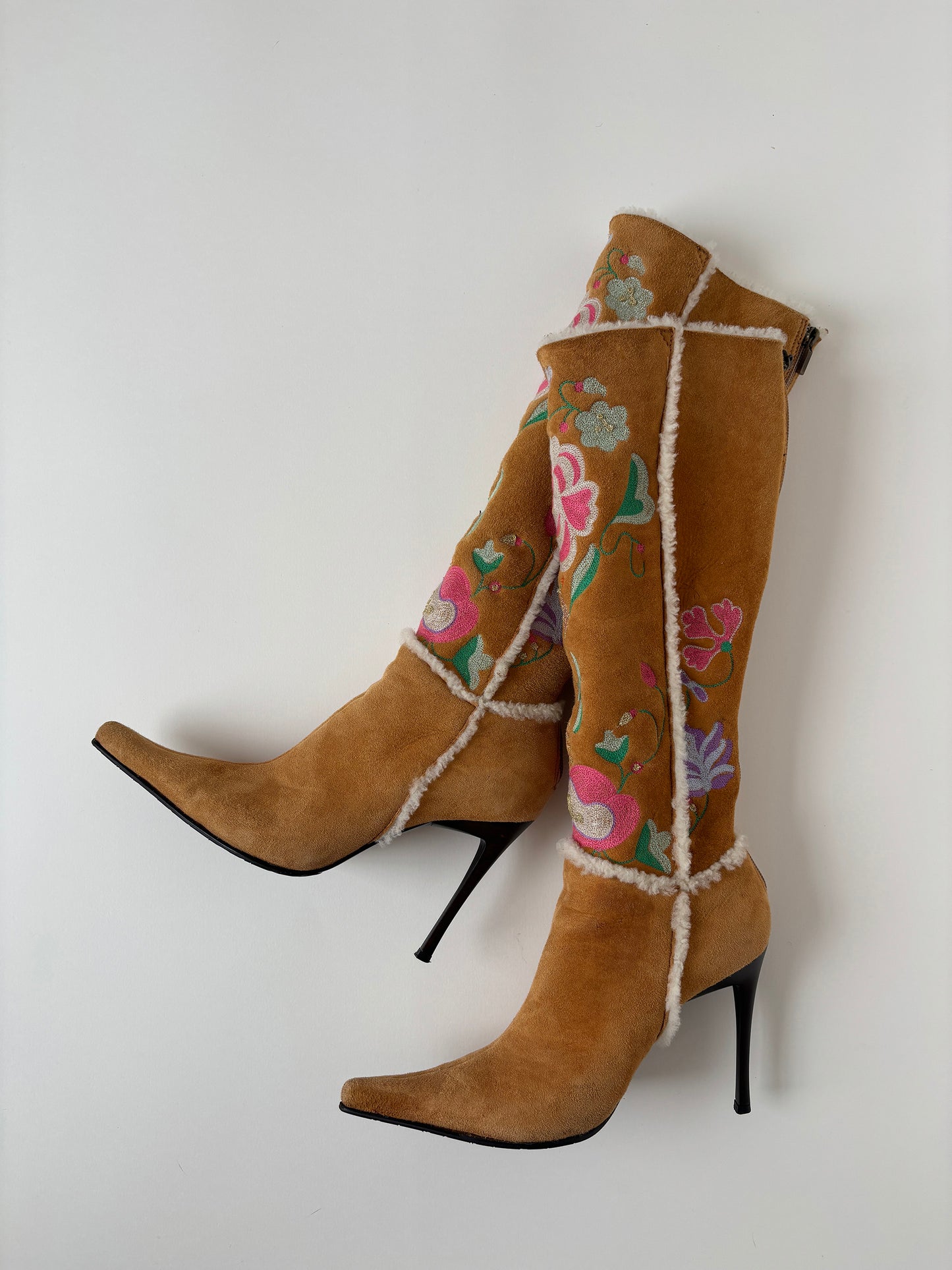 Casadei 2000s shearling embroidered floral boots (EU 39 / US 8.5)
