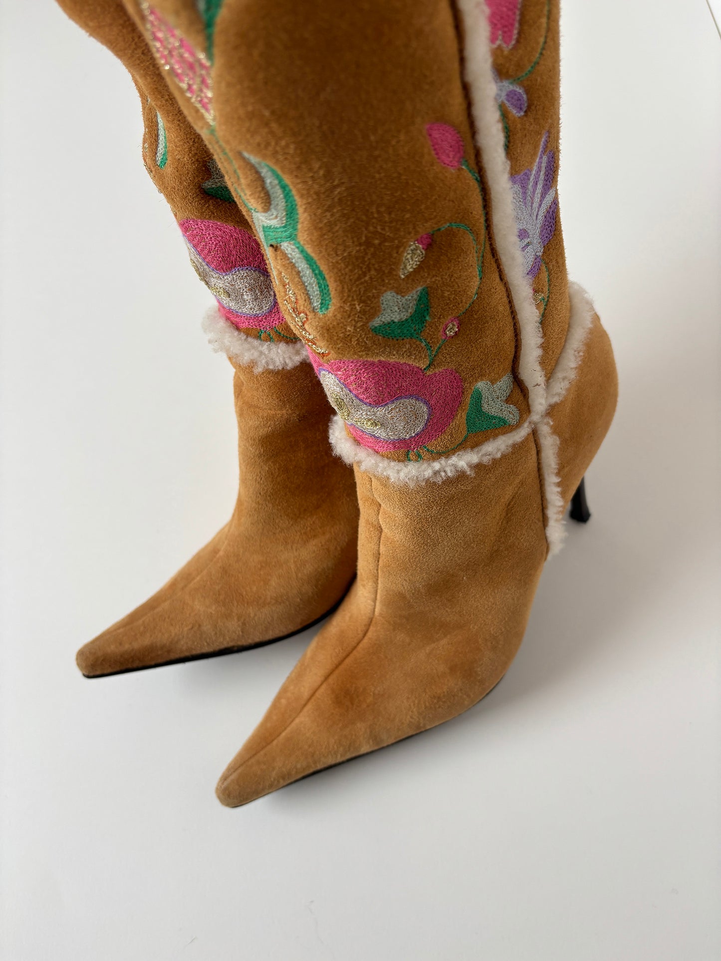 Casadei 2000s shearling embroidered floral boots (EU 39 / US 8.5)