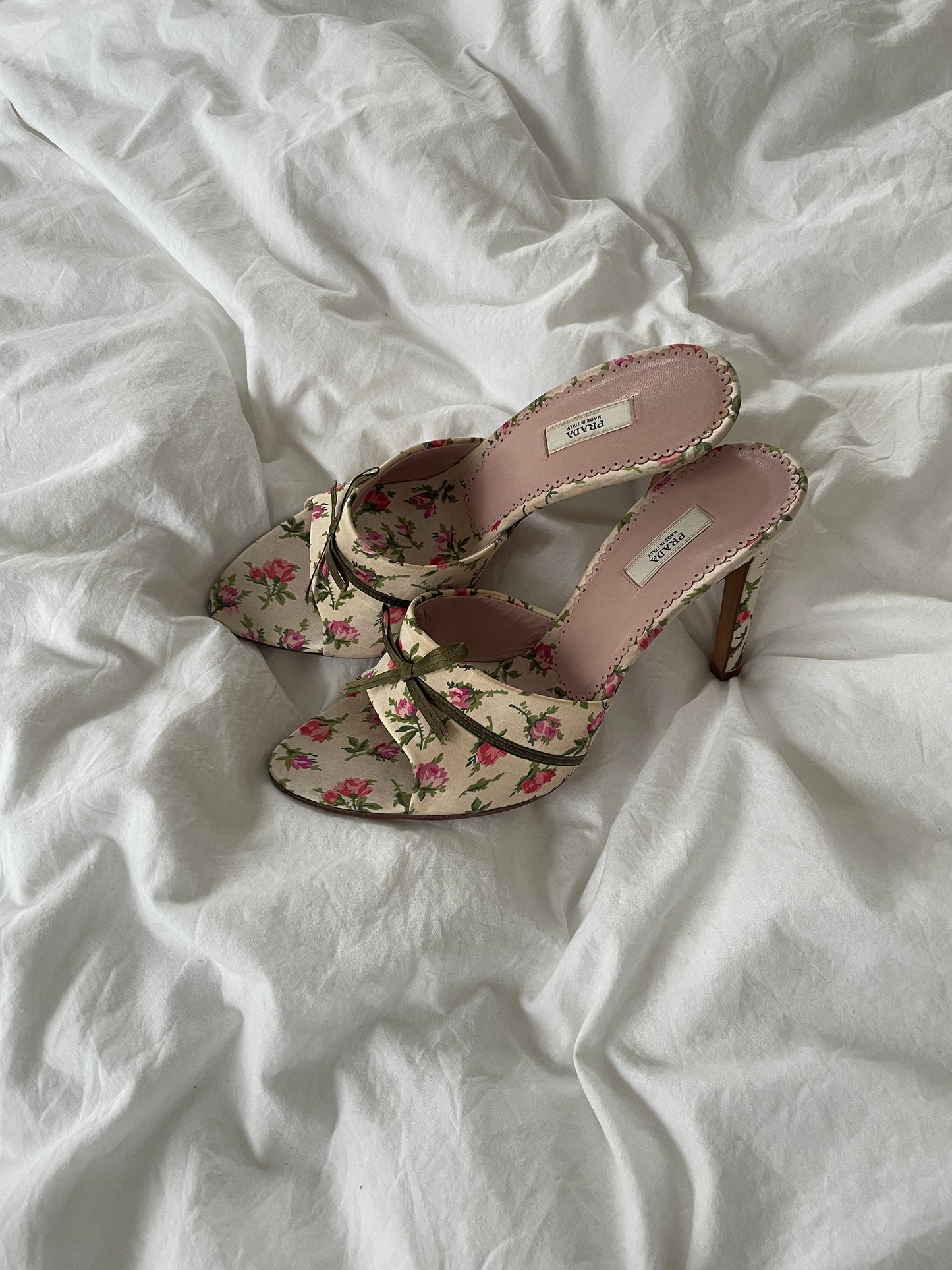 Vintage Prada romantic silk roses bow sandals