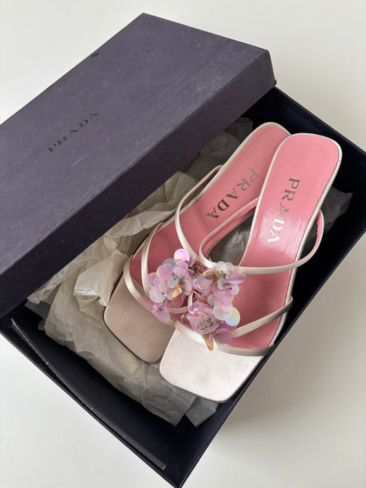 Prada 1990s rare pink satin sequin kitten heels UNWORN (EU 39 / US 8.5)