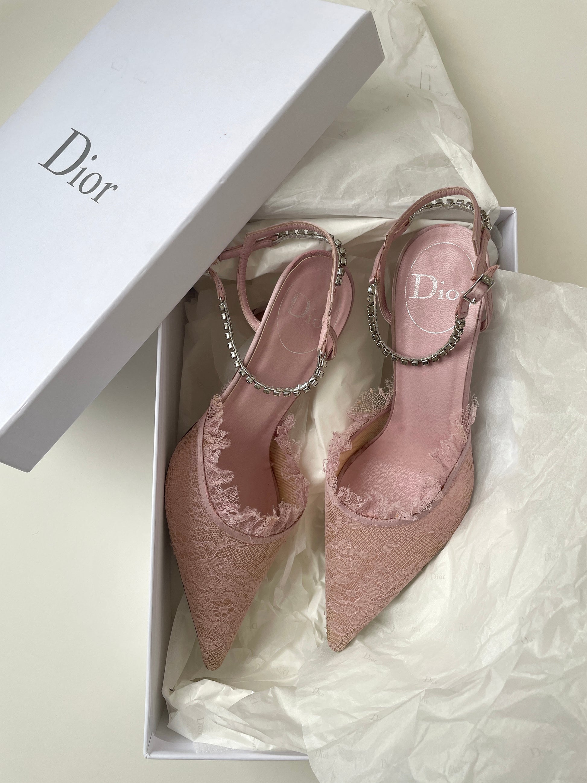 Vintage Christian Dior by John Galliano 2000s blush lace satin heels