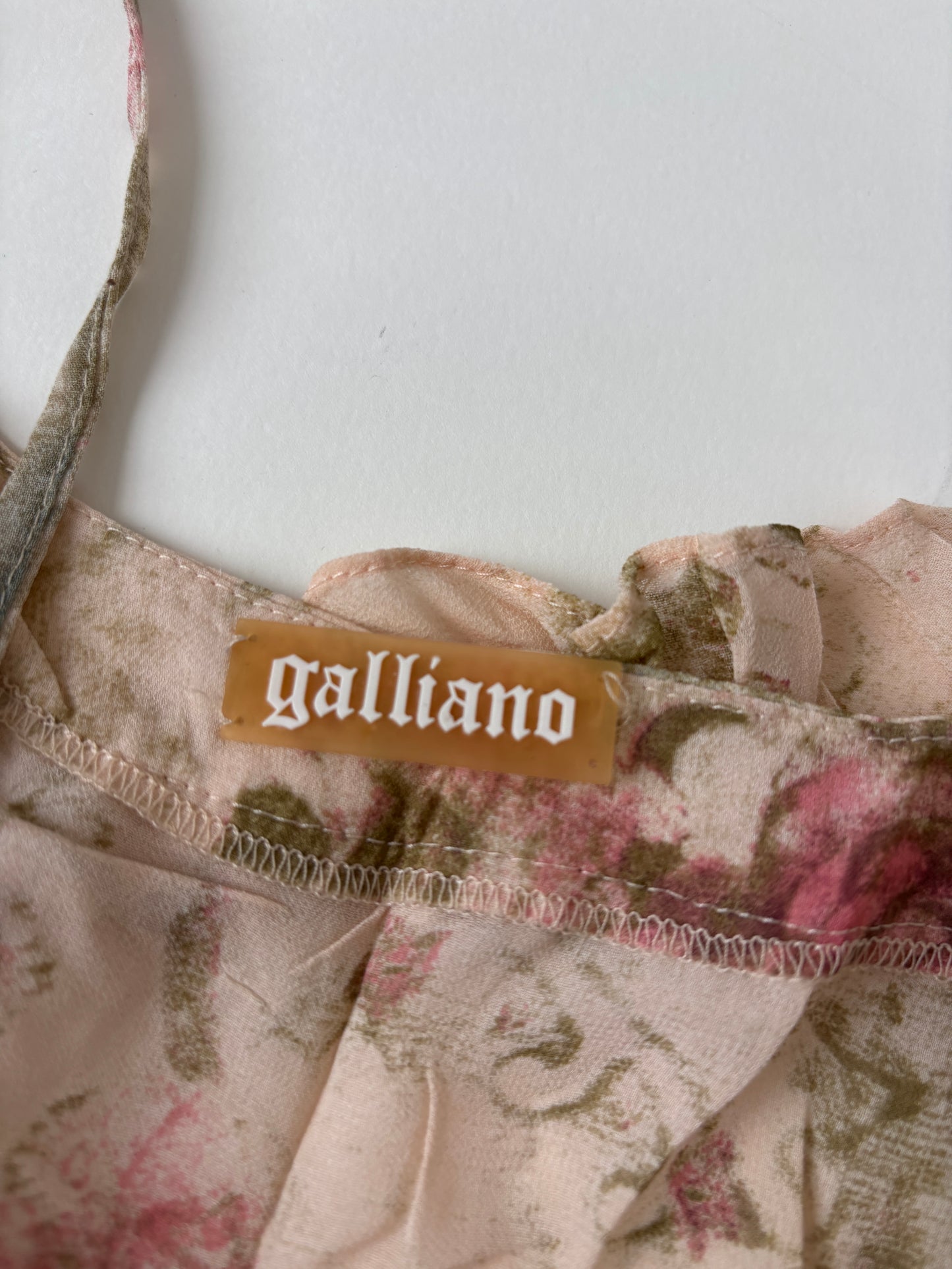 Galliano 2000s pink silk ruffle print top M