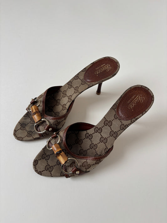 Gucci by Tom Ford 2000s iconic brown monogram bamboo horsebit heels (EU 38,5 / US 8)