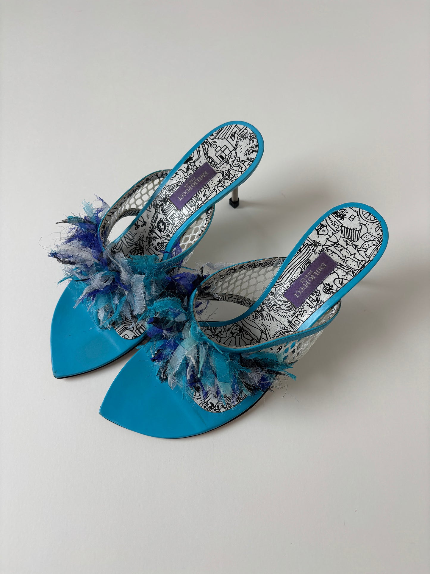 Emilio Pucci 2000s blue ruffle thong kitten heels  (EU 38 / US 7.5)