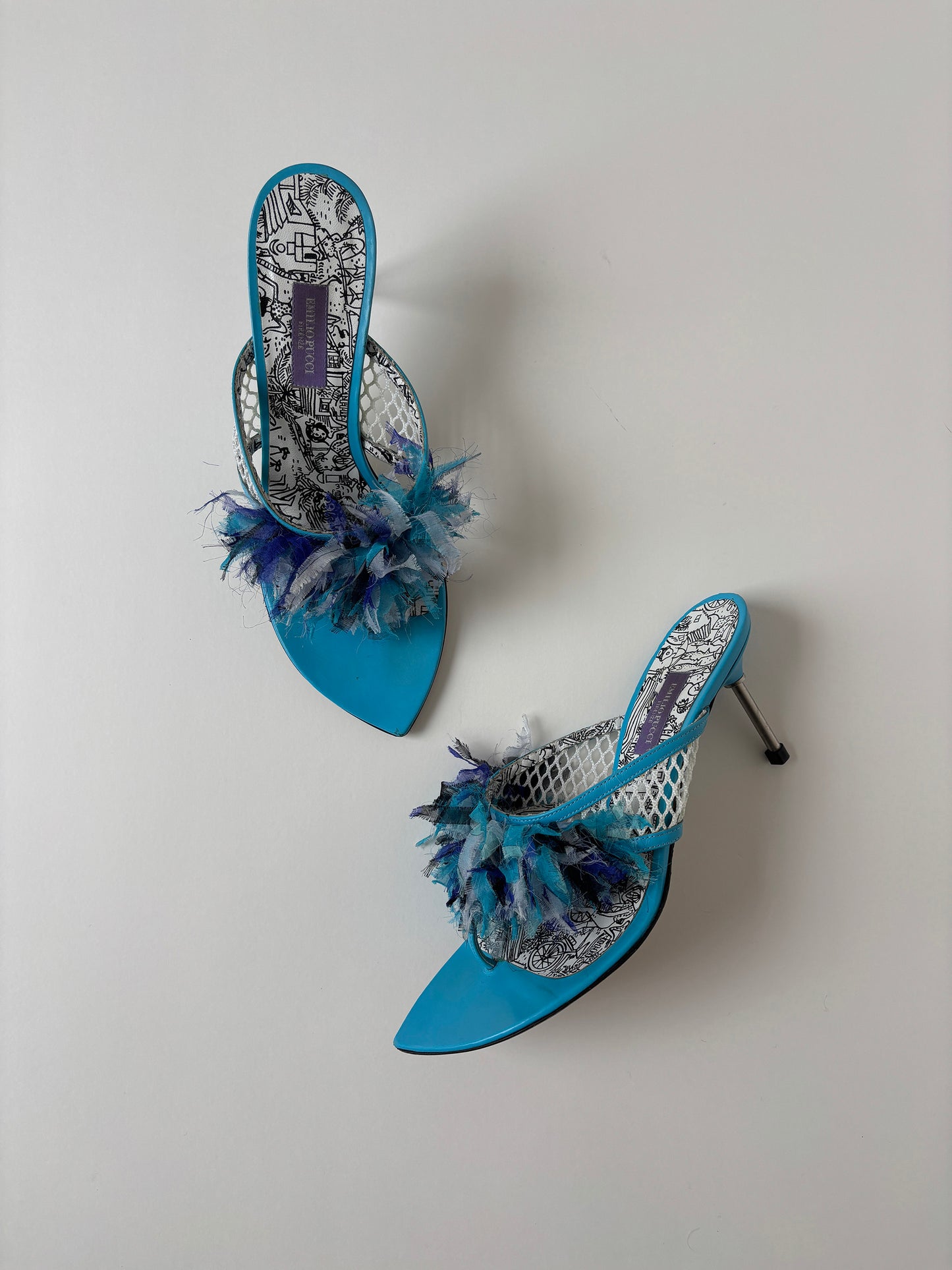 Emilio Pucci 2000s blue ruffle thong kitten heels  (EU 38 / US 7.5)